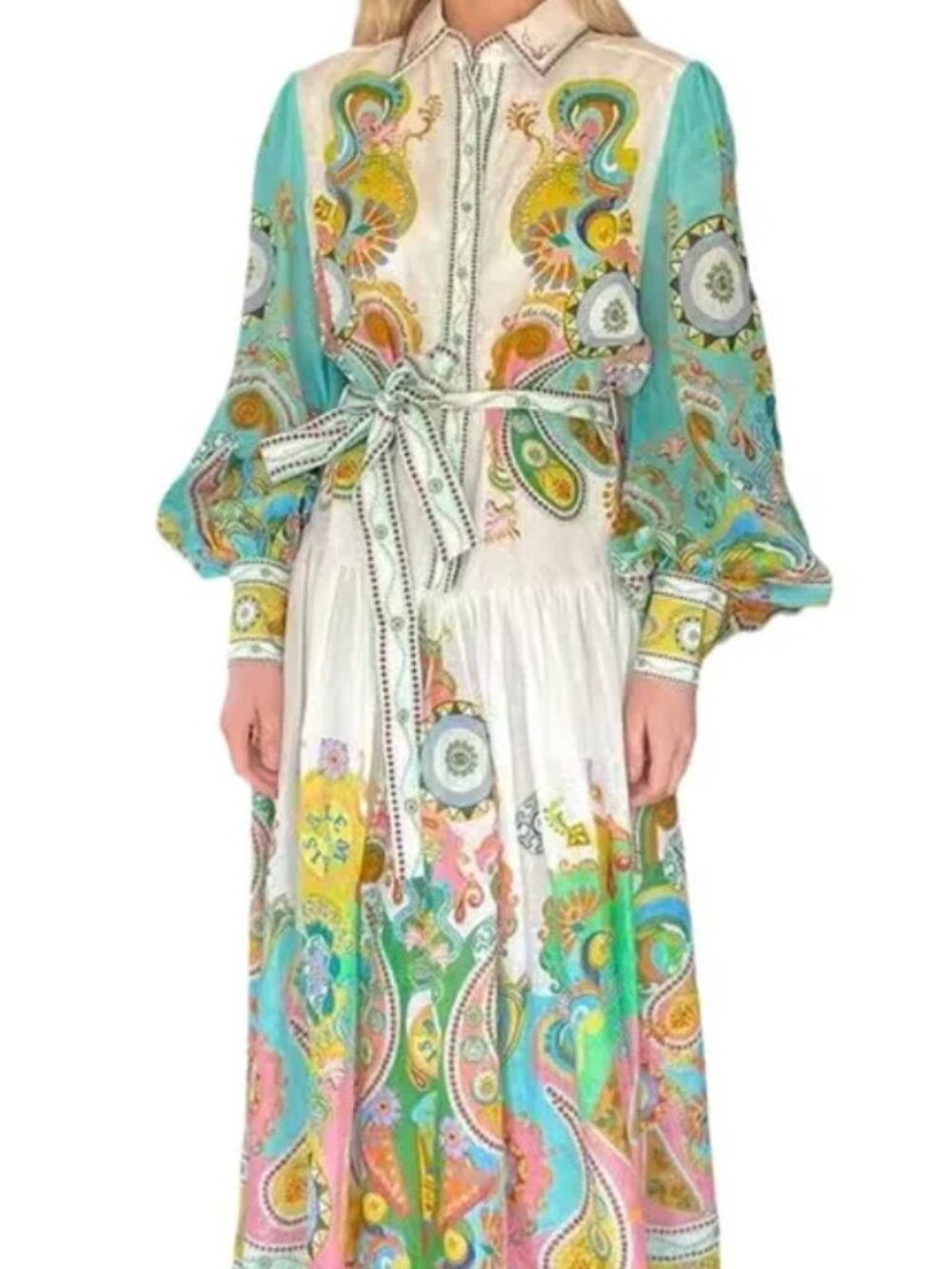 Pastel Paisley Print Tie-Waist Maxi Dress